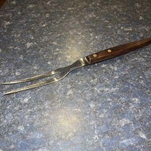 Vtg Stainless Steel St Regis Carving Meat Fork 2 Prong Wooden Handle